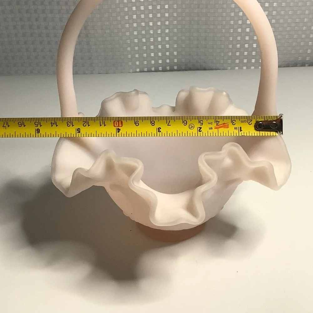 Fenton Pink Satin Glass Basket Ruffle Hearts & Flowers Hand Painted w/ Signature